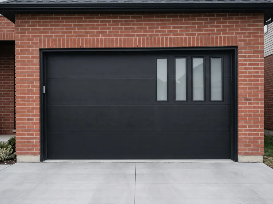 Newly installed modern black garage door